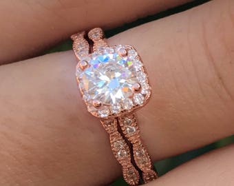 Rose gold engagement set Art Deco Ring Set-Vintage Wedding Set-Halo CZ-Engagement Ring Set-Elegant Wedding Ring-Two Ring Set