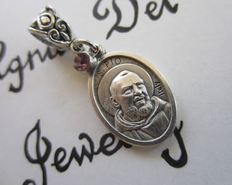 St Padre Pio Medal & Lavender Glass Charm Pendant, Patron Saint for Pray Hope Don't Worry - Suffering - Pain - Healing, Religious Gift
