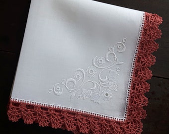 White cotton handkerchief with pink crocheted border
