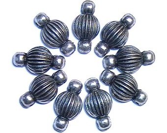 Nine 2 Hole Slider Beads 2 Hole Spacer Beads Antiqued Silver Tone Pumpkin, Fluted, Ribbed Design