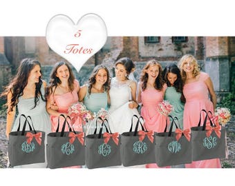 5 Monogrammed Wedding Tote Bags, monogrammed bridesmaid bags, gifts for wedding party, bridal party bag, bridesmaid monogrammed bag