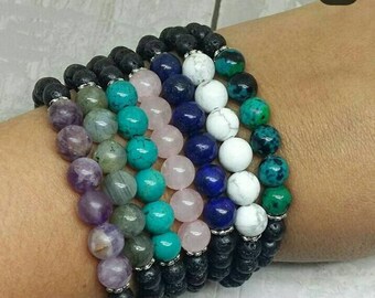 Essential oil diffuser bracelet- gemstone and lava bracelet- diffuser jewelry- aromatherapy bracelet- lava stone- Christmas gift for her