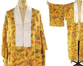 Silk Leaves Kimono / Vintage 1940s Abstract Fall Foliage Pattern Bohemian Duster