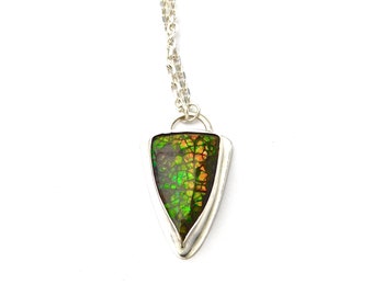 Ammolite Fossil Necklace, Fossil Pendant Necklace, Fossil Necklace in Sterling Silver "Rey" Ammolite Fossil Necklace