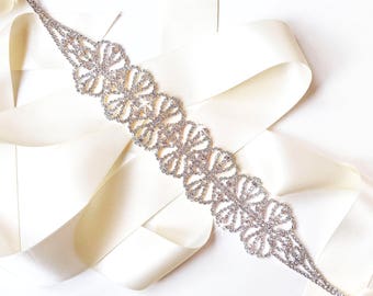 Sash - Captivating Rhinestone Encrusted Bridal Belt Sash - Ivory White Satin Ribbon - Silver and Crystal Wide Wedding Dress Belt - 12 inch
