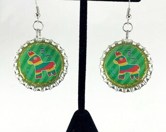 Mexican Jewelry, Cinco de Mayo, Mexican Piñata, Mexican Fiesta, Fiesta Earrings, Bottle Cap Earrings, Gift for Her