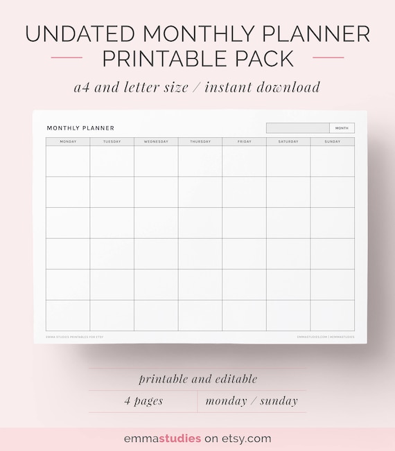 Undated Landscape Monthly Planner Printable Set Monday and