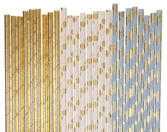 Paper Straw Mix, Blue and Gold Striped Polka Dot Paper Straws, Glam 1st Birthday Decoration, Blue and Gold Paper Straws, Gold Anniversary