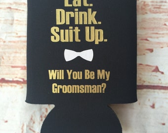 Groomsmen Proposal Gift - Groomsman Can Coolers - Bachelor Party Favors - Bachelor Party Gifts - Groomsman Gifts - Suit Up