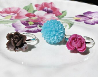 Girls Rings Adjustable - Floral Botanical Blue Brown Pink - Party Favour Gift Set