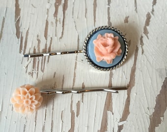 Peach/Blue Flower Bobby Pins 2 Pack