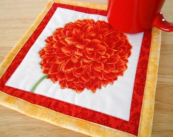 Quilted Flower Mug Rug - Moda Fabric - Large Coaster - Candle Mat - Red Mum
