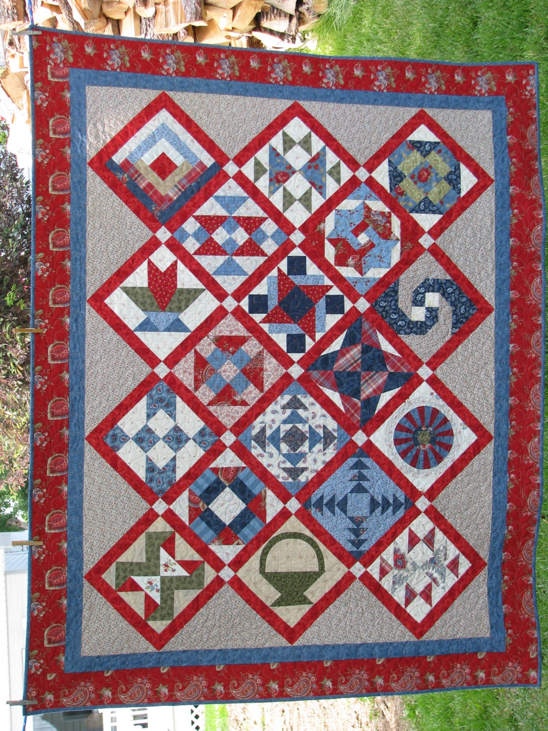 Red White and Blue Sampler Quilt Quilted Bed Quilt