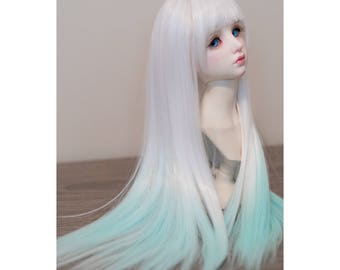 BJD handmade gradient/ ombre color long straight wig white & turquoise
