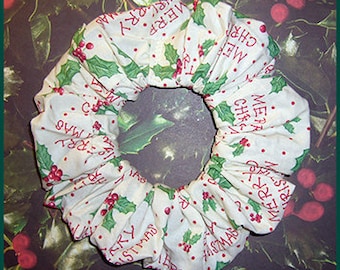 Merry Christmas Hair Scrunchie, Holiday Ponytail Holder, Holly & Polka Dots Hair Tie