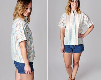 Vintage Striped Button Up Blouse - Casual Summer Weekend Top Shirt Boxy Short Sleeve Stripes Multi Cotton Woven White - Size Medium