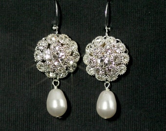 Rhinestone Pearl Bridal Earrings, Old Hollywood Glamour, Vintage Bridal Jewelry, Silver Rhinestone Drop Earrings -- MARILYN