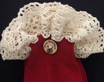 Ivory Crocheted Wide Straight Lace Trim on Dark Red Boot Socks