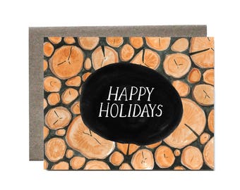 Rustic Logs Happy Holidays Card