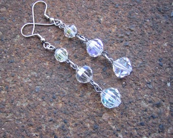 Eco-Friendly Dangle Earrings for Pierced Ears - Crystal Clear - Trios of Recycled Vintage Clear Glass Aurora Borealis Crystals
