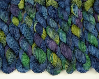 Sock Yarn Mini Skeins, Hand Dyed Yarn, Sock Weight 4 Ply Superwash Merino Wool - Ink Multi - Indie Dyed Blue Green Purple