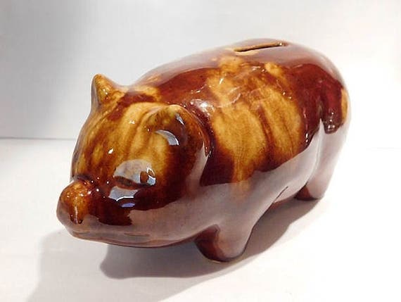 Yellow Ware Pig Piggy Bank Spongeware Pottery