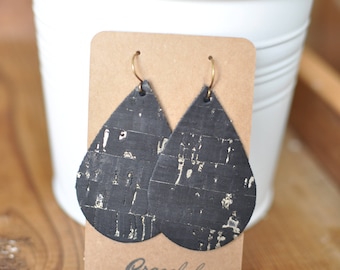Black Cork Leather Earrings with Gold Specks, Teardrop, Handmade
