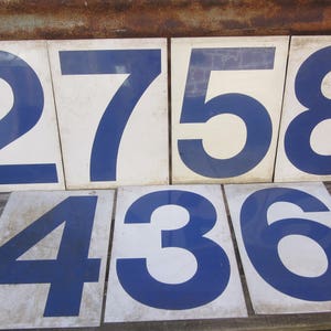 Collection of 7 Vintage Metal Gas Station Number Signs Sold as a Set of 7 Blue and White Aged Dirty Crusty Vintage Metal Numbered Signs Old
