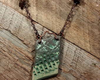 One of a Kind Handmade Two Part Necklace, Textured Clay Shard Pendant, Copper Chain, Found Fossilized Stones, Copper Lobster Claw Closures