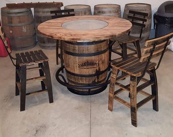Jack Daniels Whiskey Barrel Table, with 4 Stave Chairs and Metal Footrest - (ask for freight quote)