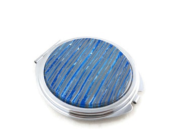 Compact mirror polymer clay blue and gray stripes unique gift