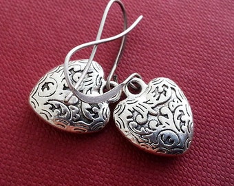 Antique Silver Heart Earrings. Textured Heart Charm Earrings. Dangle Earrings. Love Earrings, Heart Jewelry, Gift Under 15