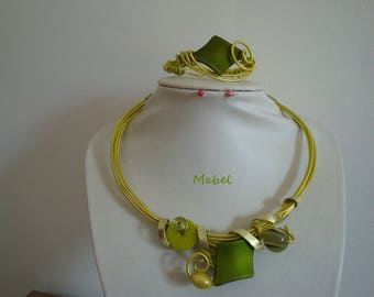 Lime green set, necklace and bracelet, embossed aluminum wire
