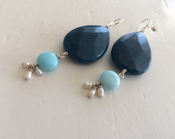 Sjans Sterling silver earrings with agate, amazonite and fresh water pearls