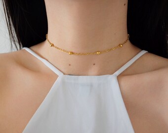 Gold Dainty Beaded Choker / Satellite Choker / Gold Satellite Choker / Layering Choker