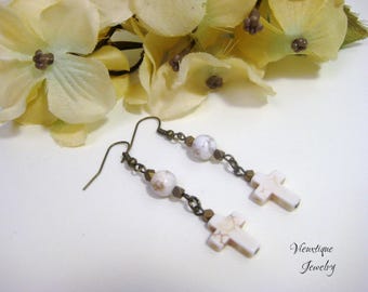 Cross Earrings, Cross Jewelry, Religious Jewelry, Christian Jewelry, Howlite Earrings, Gemstone Earrings, Beaded Earrings, Long Earrings