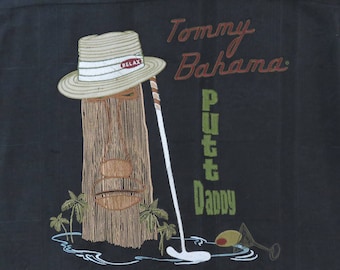 TOMMY BAHAMA Shirt Putt Daddy Tiki Golfer Black Embroidered Silk Shirt Copyrighted Golf Shirt Relax Fit Mens - XL - Oahu Lew's Shirt Shack
