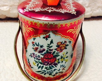 Vintage Murray Allen Toffee Tin Box England Candy Tin 1960s Red Floral Handle and Knob