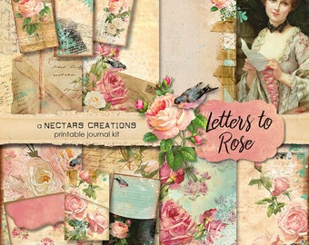 LETTERS TO ROSE Vintage Printable Junk Journal Kit. Vintage floral style, use for Scrapbooking, Journals, Card Making or Mixed Media craft