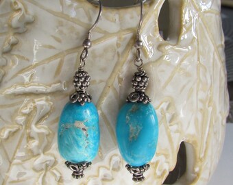 Handmade Turquoise Dangle Drop Bali Bead Sterling Silver Earrings