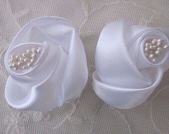 2 pc WHITE Satin Rose Wired Pearl Flower Applique Pageant Wedding Bridal Bouquet Dress Design