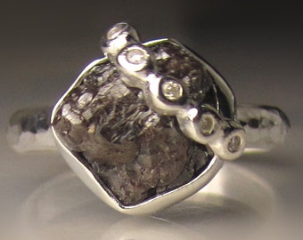 Rough Uncut Diamond Engagement Ring, Dark Chocolate Raw Diamond Ring in Sterling Silver, 4.57 Carats