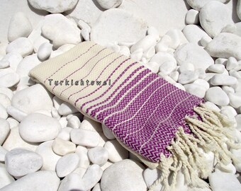 Turkishtowel-2014 Summer Collection-Hand woven,20/2 cotton,Soft,Zigzag,Turkish Bath,Beach Towel-Purple stripes on Natural cream