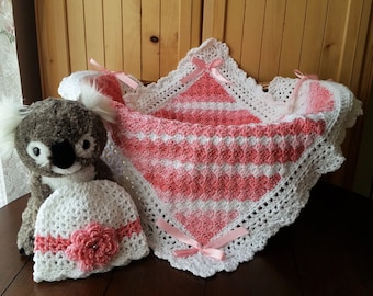 Crochet Baby Blanket, Baby Girl Blanket and Hat Set, Baby Shower Gift for Baby Girl