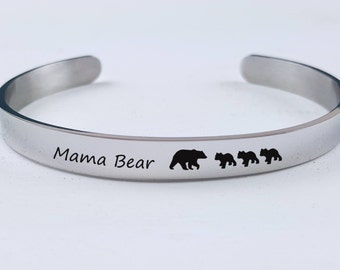 Gift for Mom Personalized Cuff Bracelet Mama Bear Bracelet Personalized Gifts for Her Rose Gold Silver Gift for Best Friend Gift for New Mom