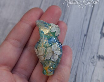 Water Garden Goddess, small, green and gold with blue Swirls and cream flowers Lampwork Focal Bead