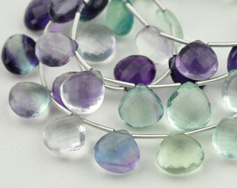 AAA MicroFaceted Multicolored Fluorite Gemstone Heart Briolette Beads