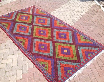 Turkish Kilim rug, 119'' x 63'', Vintage Turkish rug, rug, colorful area rug, vintage rug, bohemian rug, eccentric rug, purple area rug,439