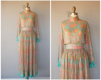 Vintage 1970s Maxi Dress | 70s Maxi Gown | 1970s Bohemian Formal Dress | 70s Sequined Silk Chiffon Maxi Dress (x-small)