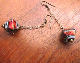 CHAINED Glass Earrings: Iridescent Red or Amber Shimmer Murano Glass Dangles, Handcrafted Jewelry, Handmade Boho Chic Jewelry